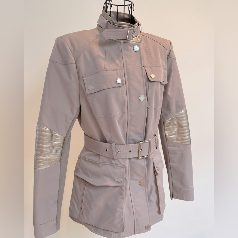 Beige/hazelnut BCBG MAXAZRIA utility belted jacket with vegan leather details. M